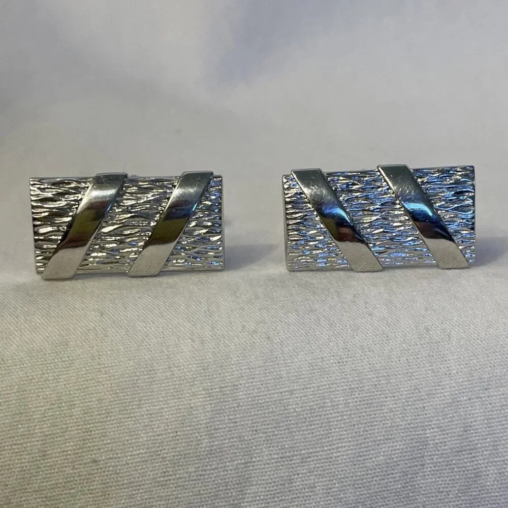Vintage Anson Silver Tone Cufflinks Contrasting Textured and Smooth Diagonals